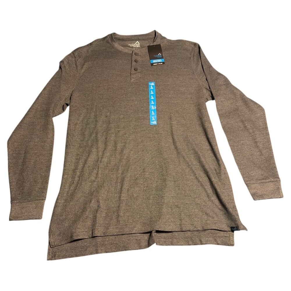Outdoor Canyon River Mens Henley Thermal Shirt Long Sleeve Brown Size L 3-Button